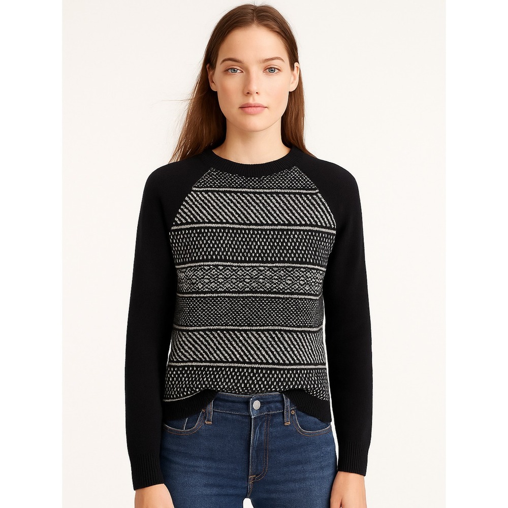Talbots Women's Fair Isle‎ Sweater Black White Knit Crewneck Wool Blend Petite M